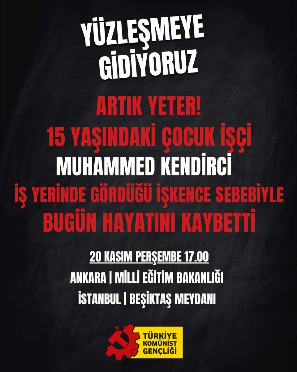 15 yaşındaki çocuk işçi Muhammed Kendirci bugün hayatını kaybetti.
Çok öfkeliyiz.
Lise çağındaki Muhammed'in çalıştığı marangoz atölyesinde işkence gördüğü pazar günü basına yansımıştı.
İç organlarının hasar görmesi sebebiyle hastaneye kaldırılan kardeşimiz bugün yaşamını