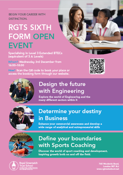 RGTrustSchool's tweet photo. 🎓 RGTS Sixth Form Open Event

📅 Wednesday 3rd December | 🕒 4-6pm | 📍 Royal Greenwich Trust School

Explore courses, meet teachers &amp; plan your future!

✅ Limited spaces – sign up now
👉Welcome - Royal Greenwich Trust School

#RGTS #SixthForm #OpenEvent #FutureStartsHere https://t.co/KIXftraDnI
