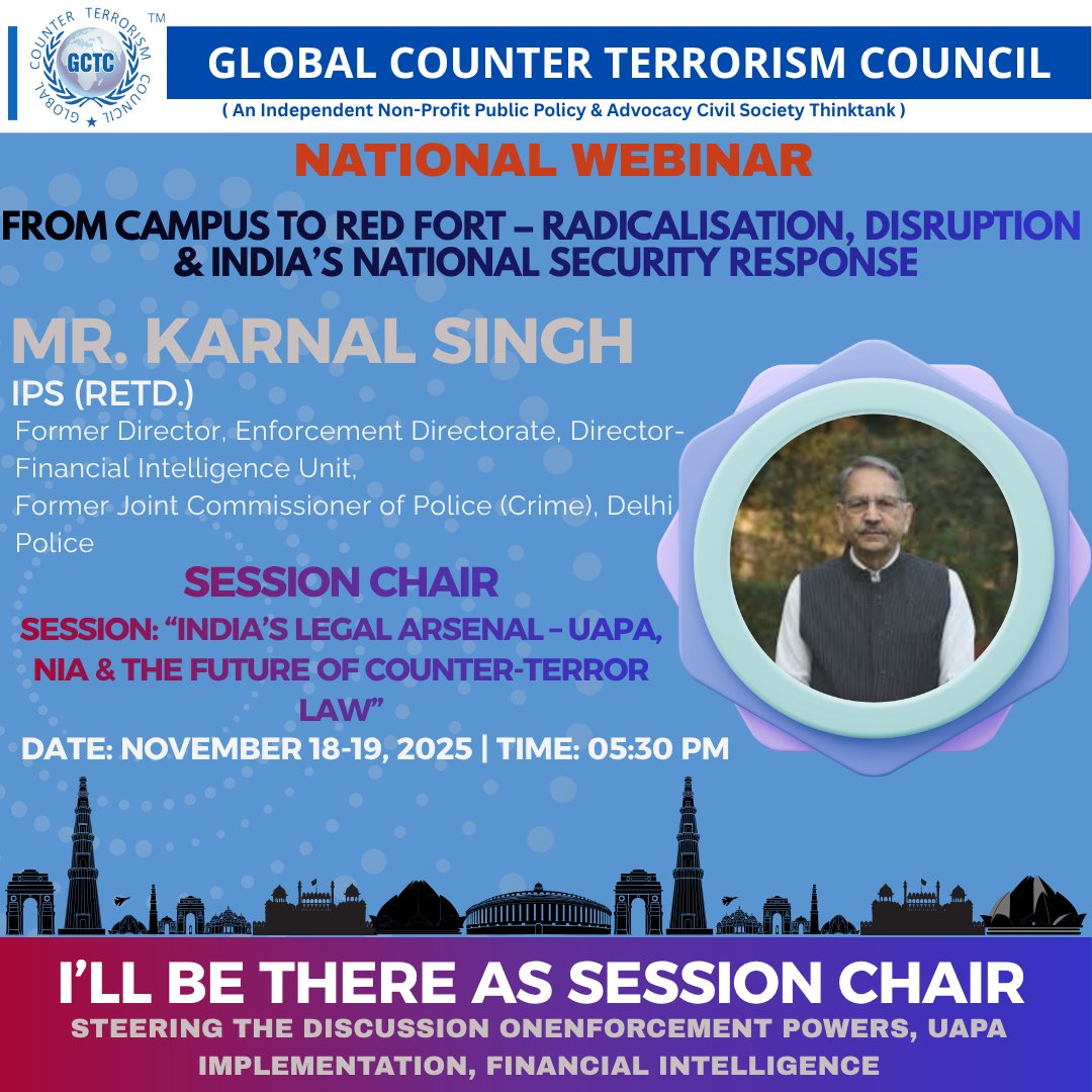 Honoured to have Karnal Singh, IPS (Retd.), Former Director ED, as Session Chair for:
Session 5: Financial Networks, Digital Laundering &amp; Radicalisation Economies
  🕒 7:45–9:00 PM | Nov 19
🔗 Register: lnkd.in/g-Fy2y9Y
#GCTC #KarnalSingh #TerrorFinancing  <a href="/singhkarnal2/">Karnal Singh</a>