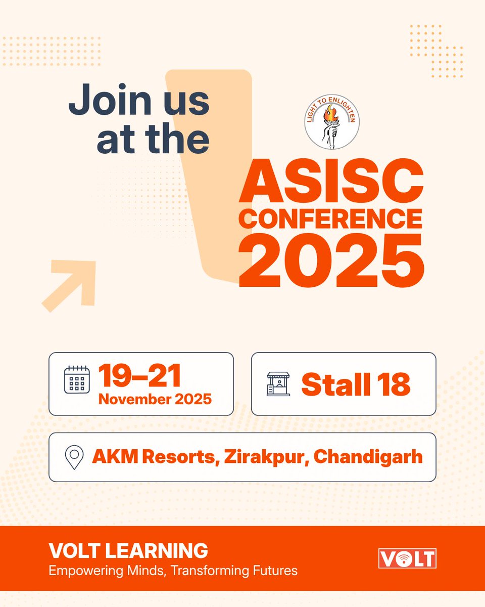 VOLTLearning's tweet image. Join us at the 𝟔𝟖𝐭𝐡 𝐀𝐒𝐈𝐒𝐂 National Conference!
Explore VOLT’s smart, NEP-aligned teaching &amp;amp; learning solutions — built for modern classrooms.
✨ New digital tools
🎯 Ready-to-use modules
💬 Meet our team

📅 19–21 Nov | 📍 Stall 18, AKM Resorts, Zirakpur
#ASISCConference