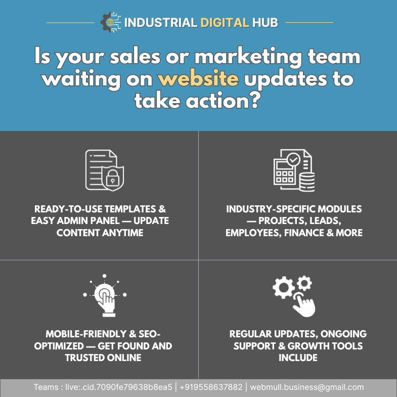 webmullDev's tweet photo. Is your team waiting on developers for simple website updates? ⏳
With #IndustrialDigitalHub (#IDH) by #WEBMULL, #FactoryOwners &amp; #SmallIndustry can edit products, offers &amp; content instantly — no tech skills needed!
💥 20–30% OFF launch offer!
🌐 https://t.co/YaLsarHYvg https://t.co/KRPpxLhRum