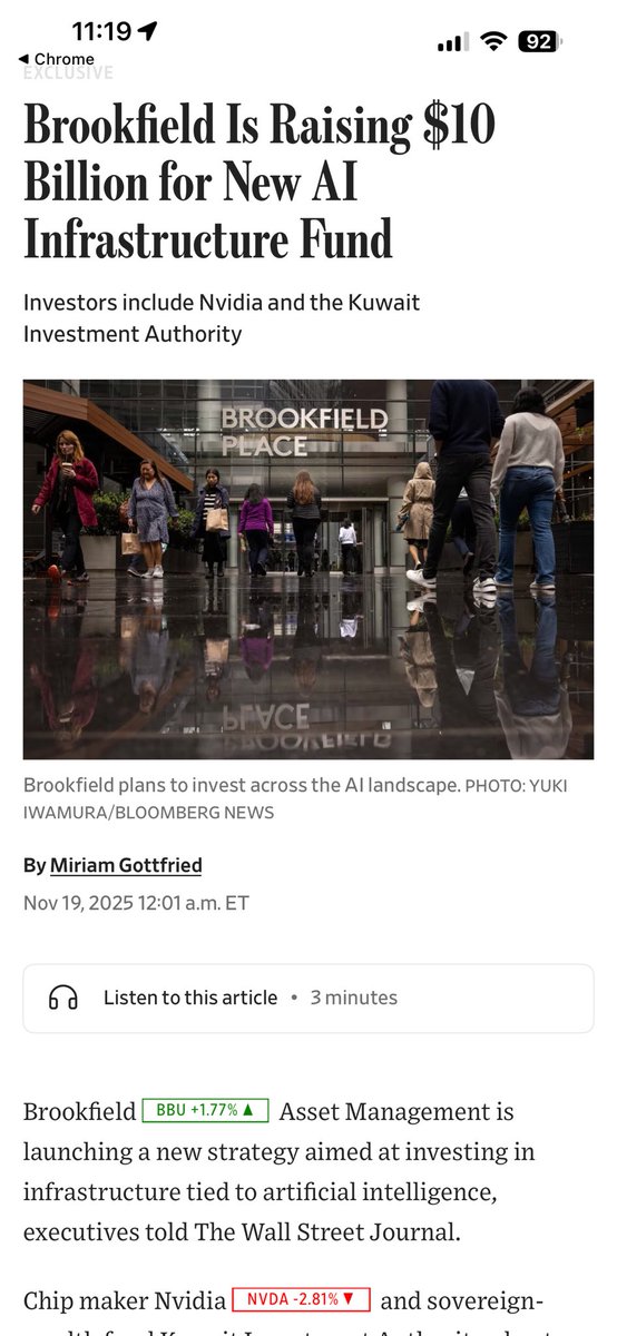 WSJ: “Brookfield is targeting $10 billion in equity for its new AI infrastructure fund and has already raised $5 billion of that from investors including Nvidia, KIA and Brookfield’s own balance sheet.”