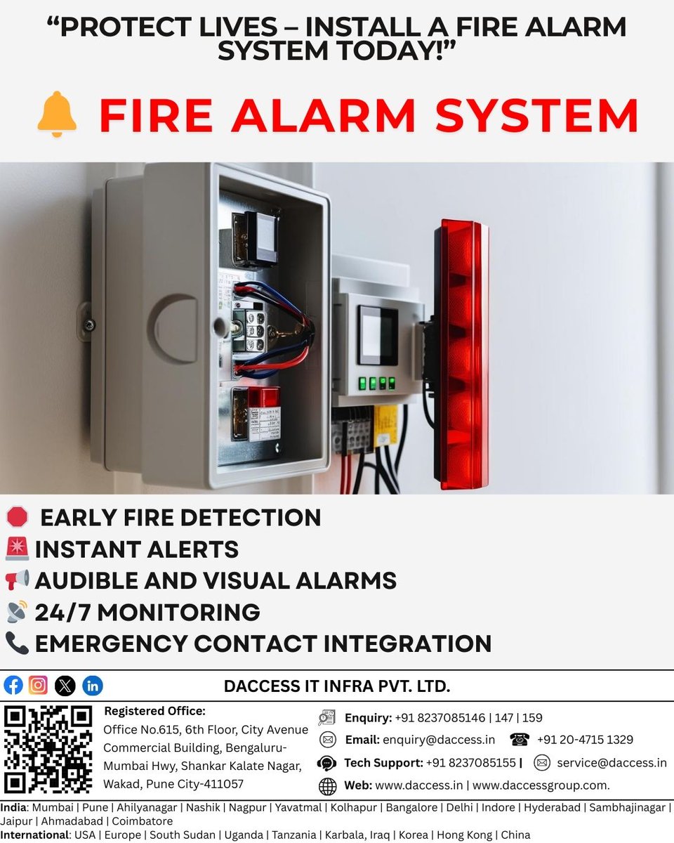 daccessitinfra's tweet image. Our fire alarm systems provide early detection, loud alerts, and 24/7 monitoring to keep your family or business safe.

For any queries, you can reach us at Contact Person:
Dr. Nilesh Thakare
Email: enquiry@daccess.in
Tel: +918237085146
Web: daccess.in
#TechForSafety