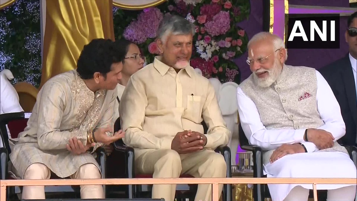ANI's tweet image. Prime Minister Narendra Modi, Andhra Pradesh CM N Chandrababu Naidu, former Indian cricketer Sachin Tendulkar, actress Aishwarya Rai Bachchan, Union Ministers Ram Mohan Naidu Kinjarapu, G Kishan Reddy and others attend the birth centenary celebrations of Sri Sathya Sai Baba in…