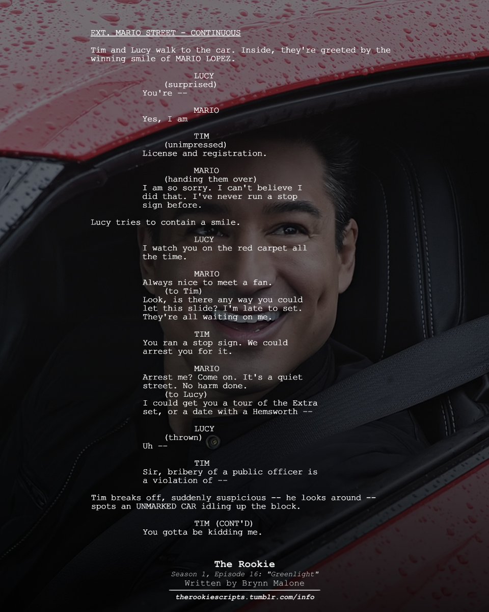 rookie_scripts's tweet image. Tim and Lucy meet Mario Lopez. (Changed Dialogue)

— THE ROOKIE
Season 1, Episode 16: “Greenlight”
Written by Brynn Malone

#TheRookie #TheRookieScripts