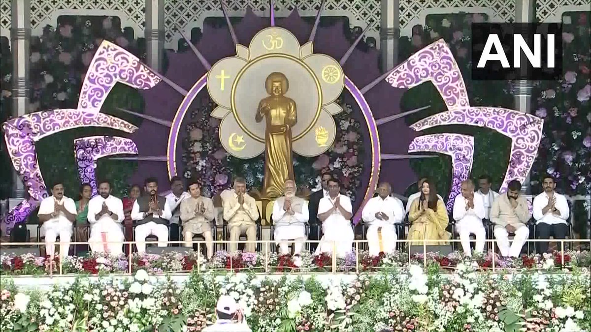 ANI's tweet image. Prime Minister Narendra Modi, Andhra Pradesh CM N Chandrababu Naidu, former Indian cricketer Sachin Tendulkar, actress Aishwarya Rai Bachchan, Union Ministers Ram Mohan Naidu Kinjarapu, G Kishan Reddy and others attend the birth centenary celebrations of Sri Sathya Sai Baba in…