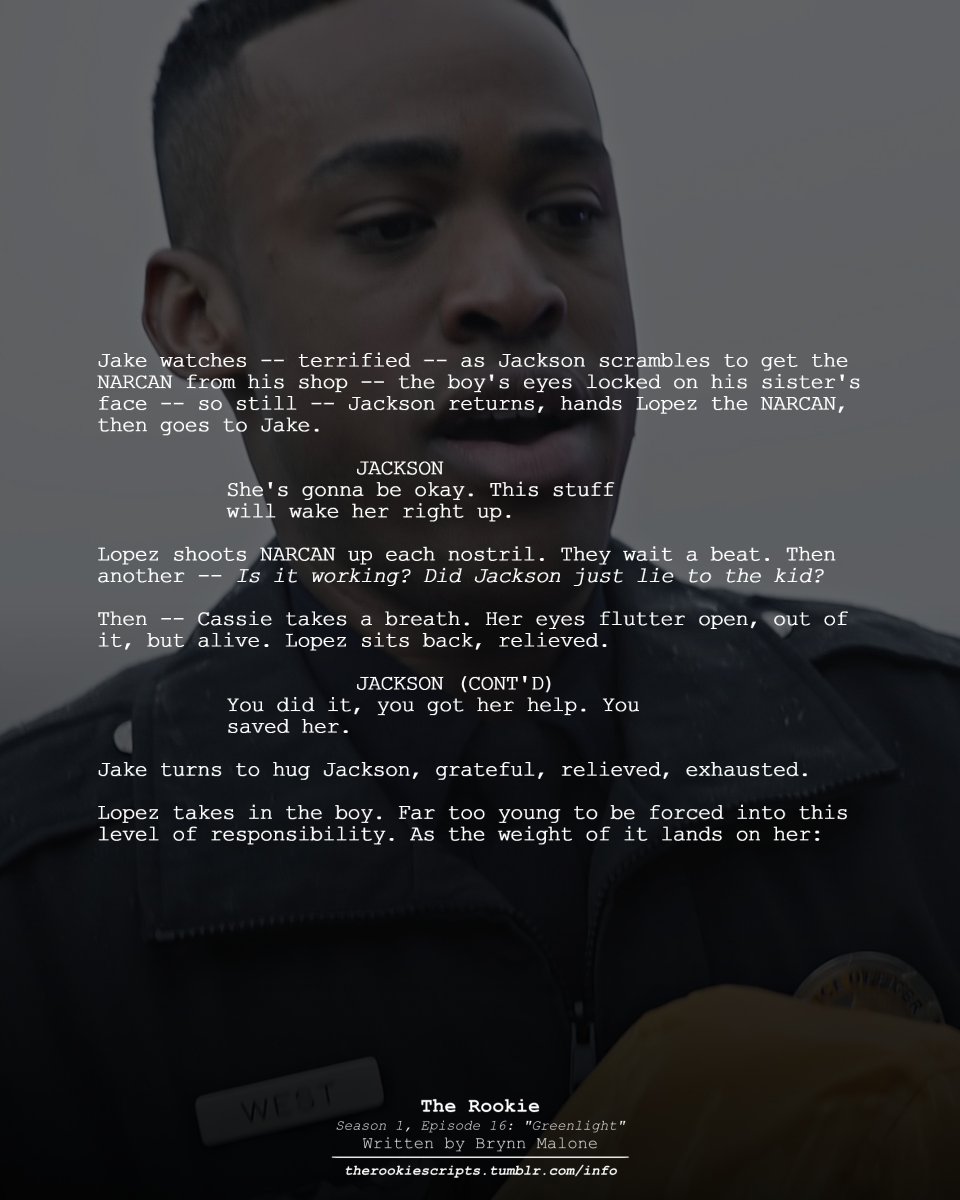 rookie_scripts's tweet image. Jackson consoles a young kid. (As Seen)

— THE ROOKIE
Season 1, Episode 16: “Greenlight”
Written by Brynn Malone

#TheRookie #TheRookieScripts