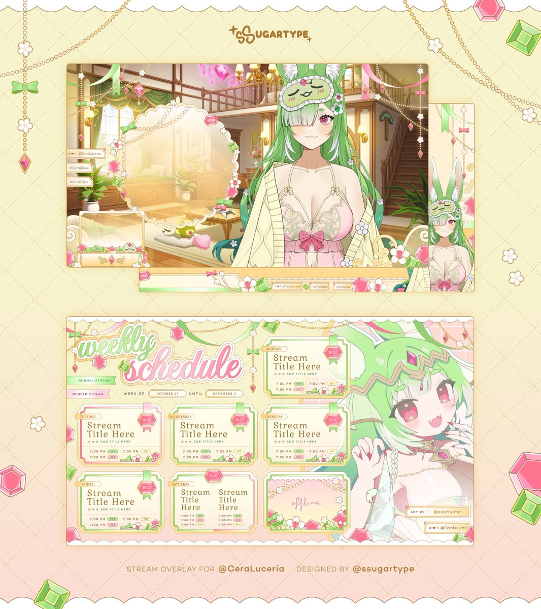 ssugartype's tweet image. 【 Overlay Design for @CeraLuceria 💃🧃】

Designed a sparkly overlay for Cera&apos;s anniversary stream! Congratulations on the new outfit!! 💚

→ Background Illustration by @/Mason2608

#Ceramake #VTuberAssets