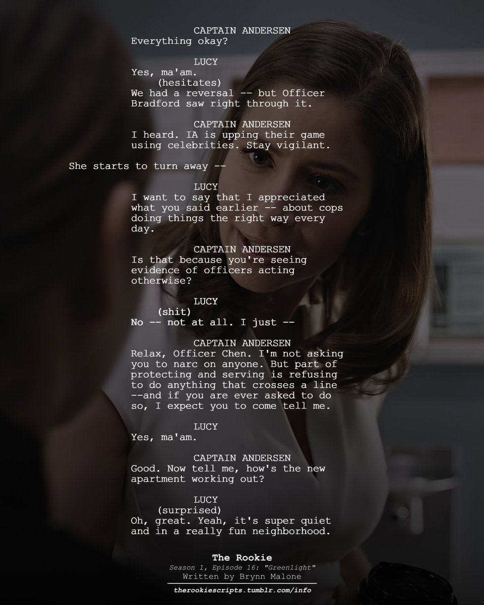 rookie_scripts's tweet image. Tim was investigated by IA because of Isabel. Lucy runs into Andersen. (As Seen)

— THE ROOKIE
Season 1, Episode 16: “Greenlight”
Written by Brynn Malone

#TheRookie #TheRookieScripts
