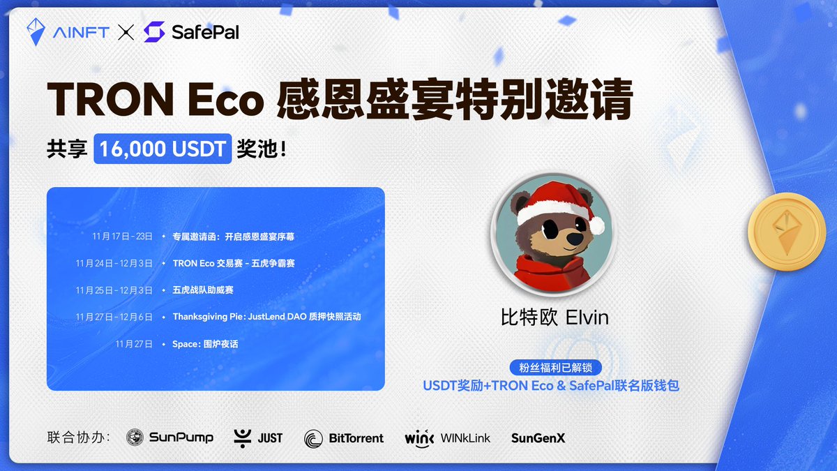 DRbitcoin36's tweet photo. 行情不好，来抽奖吧，孙哥赞助大家。
孙哥办了个波场感恩节活动，做一些简单的社交任务，就可以参加抽奖。活动的奖池有 16,000 USDT，感兴趣的可以点 Sunpump 的活动链接进去看看。
• 活动入口：https://t.co/Sl75iVd5E6

另外，小欧额外也抽福利送大家：
• 2 份硬件钱包 （SafePal X1）
• 4 份 10u 现金奖励

参与小欧抽奖的方式：
1）关注 @justinsuntron @OfficialAINFT @DRbitcoin36 
2）点赞 + 转发 + 评论带 #TRONEcoThanksgivingFest 并 @ 3 位朋友

@justinsuntron @OfficialAINFT  #TRONEcoStar