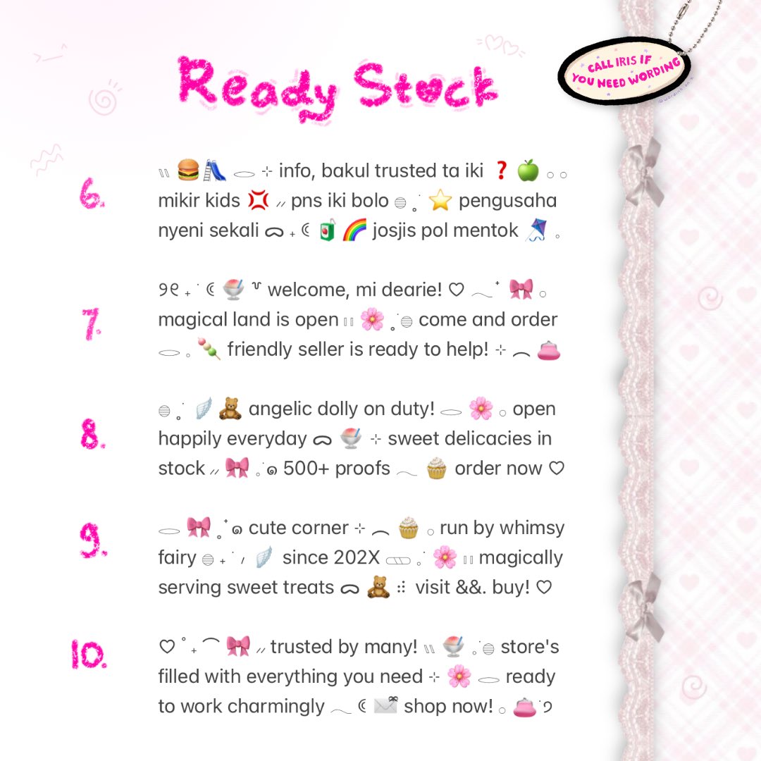 ⠀
help repost  ..  ❓  tysm!  ♡

wayahe pemuda nyeni tampil  🌈🛝  bio wording back in stock!  🎀  mode  ::  cutesy &amp;&amp;. funny  ⭐️  adopt these babies now, only 3.500 @ each!  🧃  kindly scroll for more yaa, sweetlings!  🍡

t.  #zonaba #zonauang rs ready stock