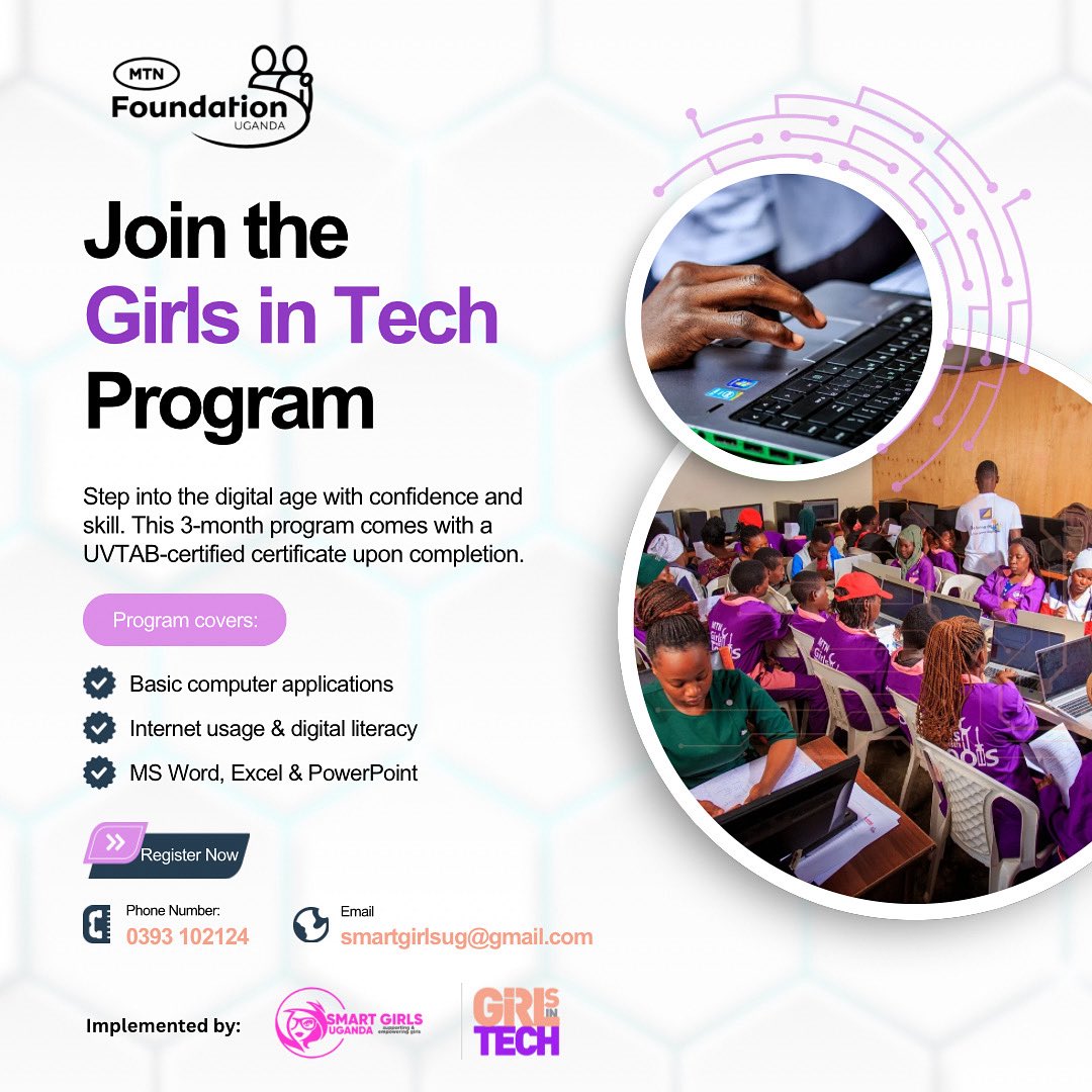 smartgirlsug's tweet image. Digital skills open doors — and you can start here.
Join our FREE Girls in Tech Program and earn a UVTAB certificate in 3 months.

Visit our training centre or call 0393 102124 to register.
#GirlsInTech | #MTNFoundation