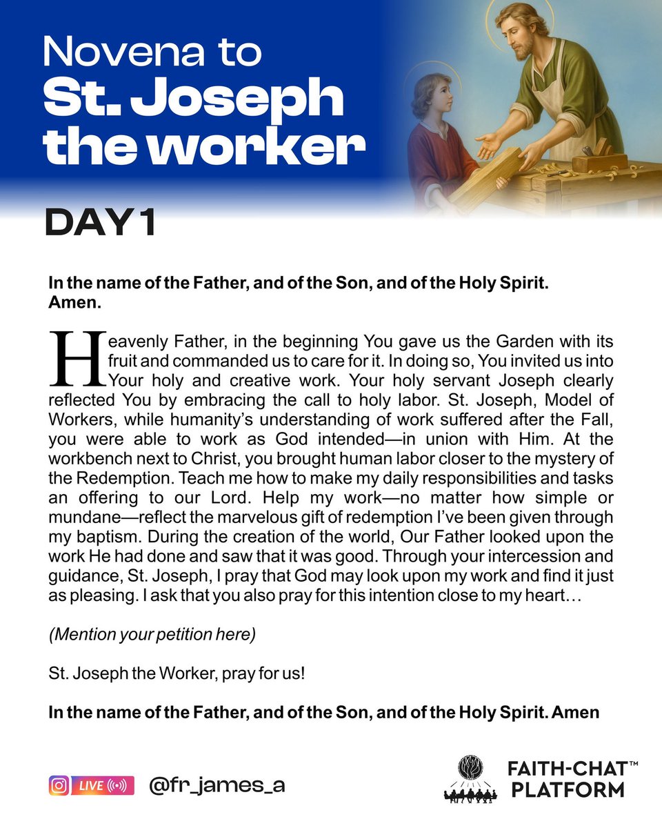 frjamesa's tweet image. DAILY PRAYER TO ST. JOSEPH 

To you, O Blessed Joseph, we come in our trials, and having asked the help of your most holy spouse, we confidently ask your patronage also. Through that sacred bond of charity which united you to the Immaculate Virgin Mother of God and through the…