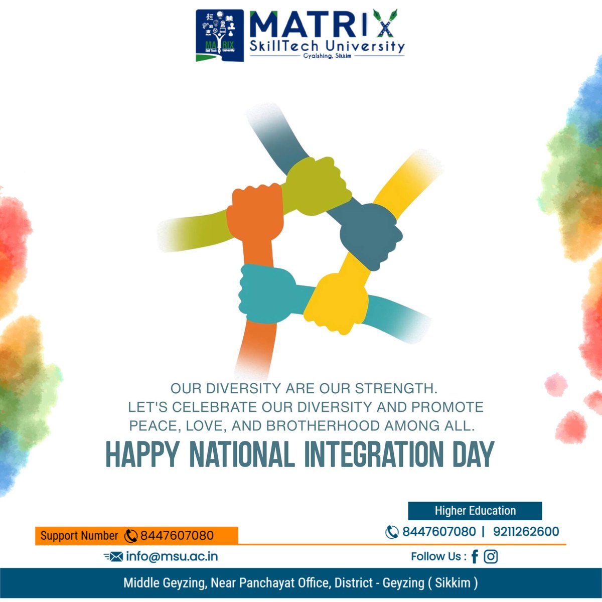 university19447's tweet image. “Matrix SkillTech University extends heartfelt wishes on National Integration Day! Today, we celebrate the spirit of unity, harmony, and togetherness that strengthens our nation.&quot;
#NationalIntegrationDay #MatrixSkillTechUniversity #MSU #UnityInDiversity #OneIndia #Harmony