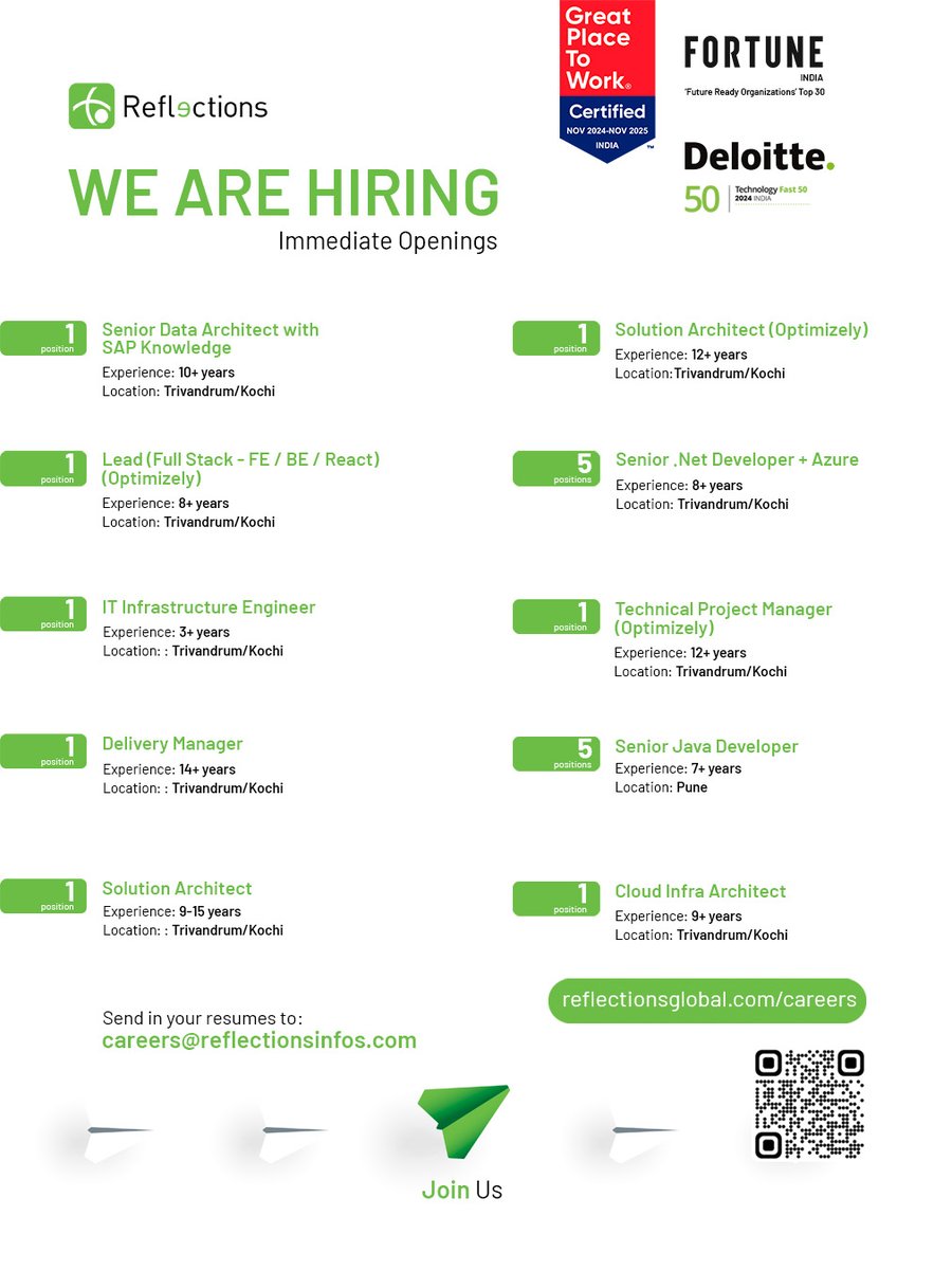 reflectionsis's tweet image. #wearehiring Send your resumes to careers@reflectionsinfos.com
Check out all our openings at reflectionsglobal.com/careers
#dataarchitect #solutionarchitect #deliverymanager #cloud #trivandrum #kochi #jobs #technopark #Reflections #ReflectionsInfoSystems #ReflectionsGlobal