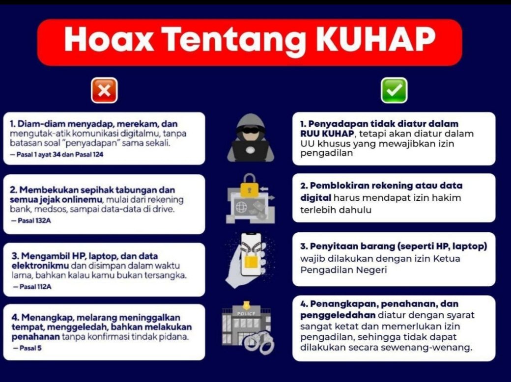 AvanaJanu's tweet photo. Jangan ikut menyebarkan ketakutan lewat Hoax tentang KUHAP. Aturannya jelas dan diperketat. Lawan Disinformasi dan Hoax. https://t.co/UqR6ay9OV8