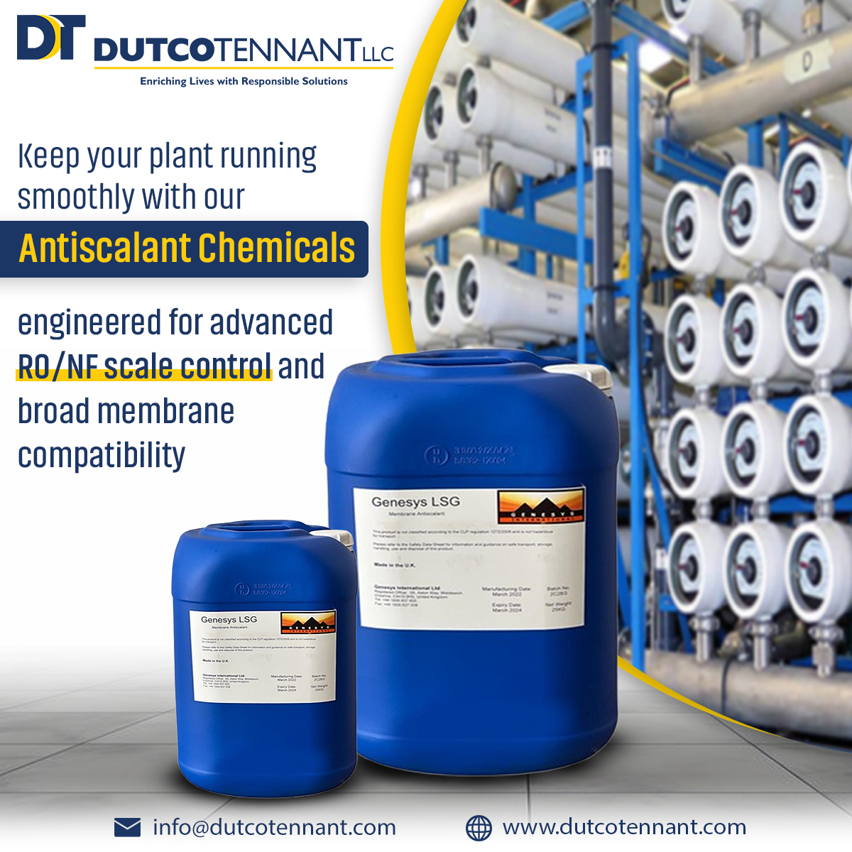 Dutcotennant's tweet image. Prevent scale damage in your #ROsystem with DUTCO TENNANT LLC’s #AntiscalantChemicals. Reduce cleaning, energy use &amp;amp; extend membrane life.

#WaterTech #ReverseOsmosis #WaterInnovation #DUTCOTENNANTLLC