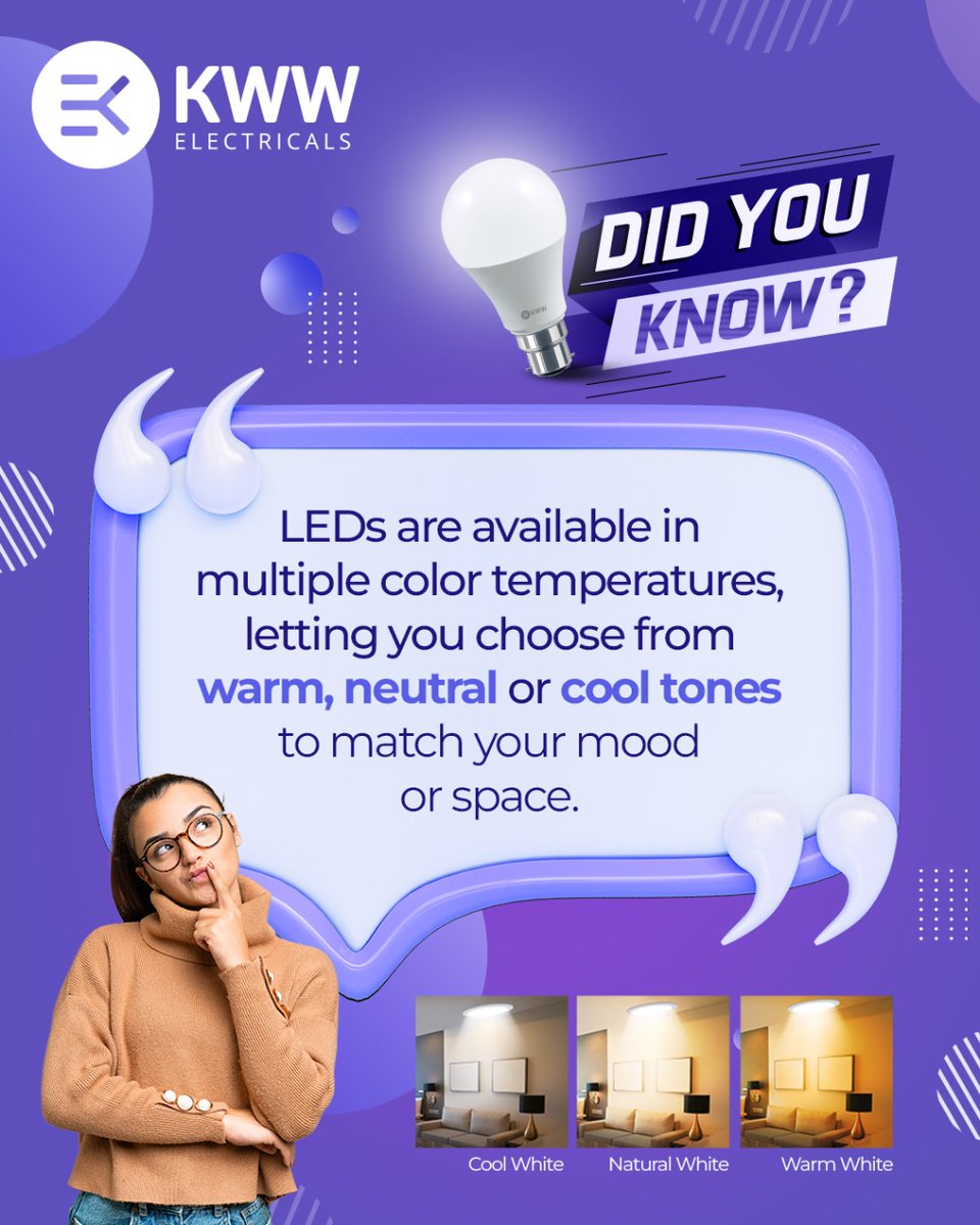 kww_electricals's tweet image. 💡 Did You Know?

LED lighting isn’t just bright - it’s smart. Pick the color temperature that matches your mood.

#ledlight #LED #LEDLighting #DidYouKnow #SmartHome #EnergySaving #EcoFriendlyLiving #MakeInIndia #LightingFacts #KWWElectricals kwwelectricals.com