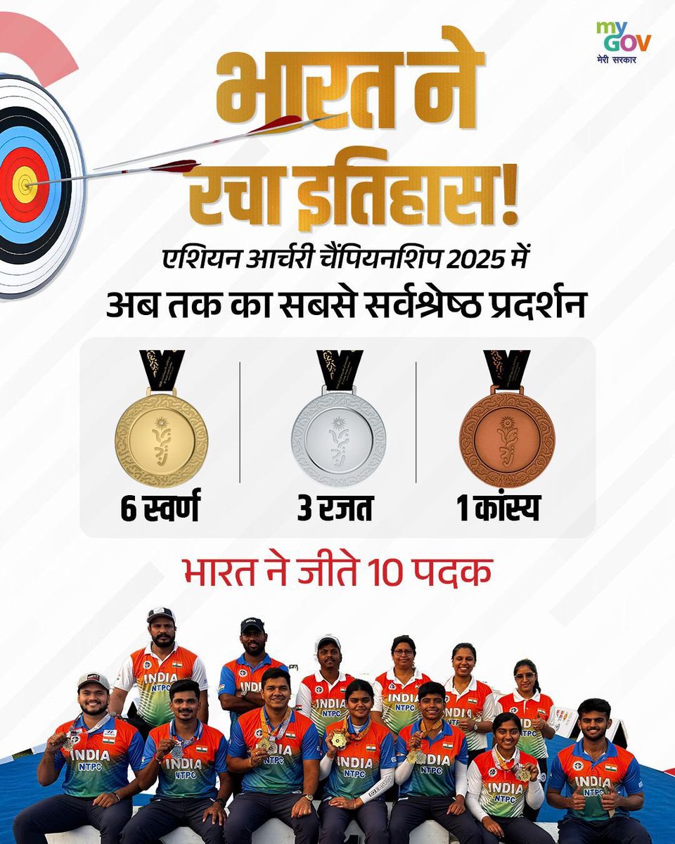 एशियन आर्चरी चैंपियनशिप 2025 में सर्वकालिक सर्वश्रेष्ठ प्रदर्शन करने पर भारतीय तीरंदाजों को हार्दिक बधाई।

आप सबके जुझारू प्रदर्शन ने देश को गौरवान्वित होने और तिरंगे को शान से लहराने का अवसर दिया। पूरा देश इसके लिए आप सभी खिलाड़ियों का धन्यवाद करता है।