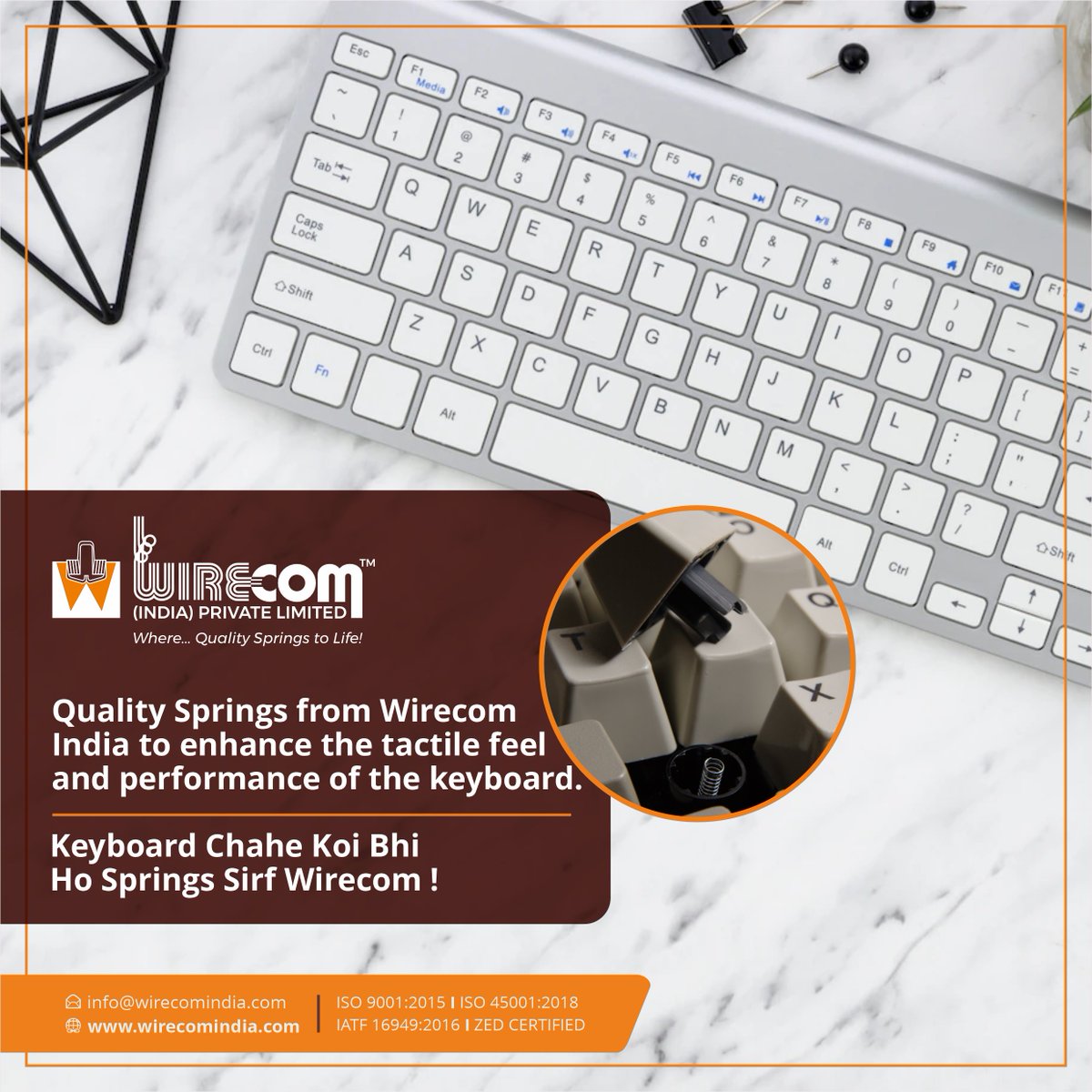 WirecomIndia's tweet photo. Precision you can feel with every keystroke. Wirecom India manufactures high-performance tension springs designed to elevate the tactile experience and responsiveness of mechanical keyboards. 

#keyboard #tensionsprings #springsthatmatter #spring #springs #compressionspring https://t.co/2Z3tz6HlA3