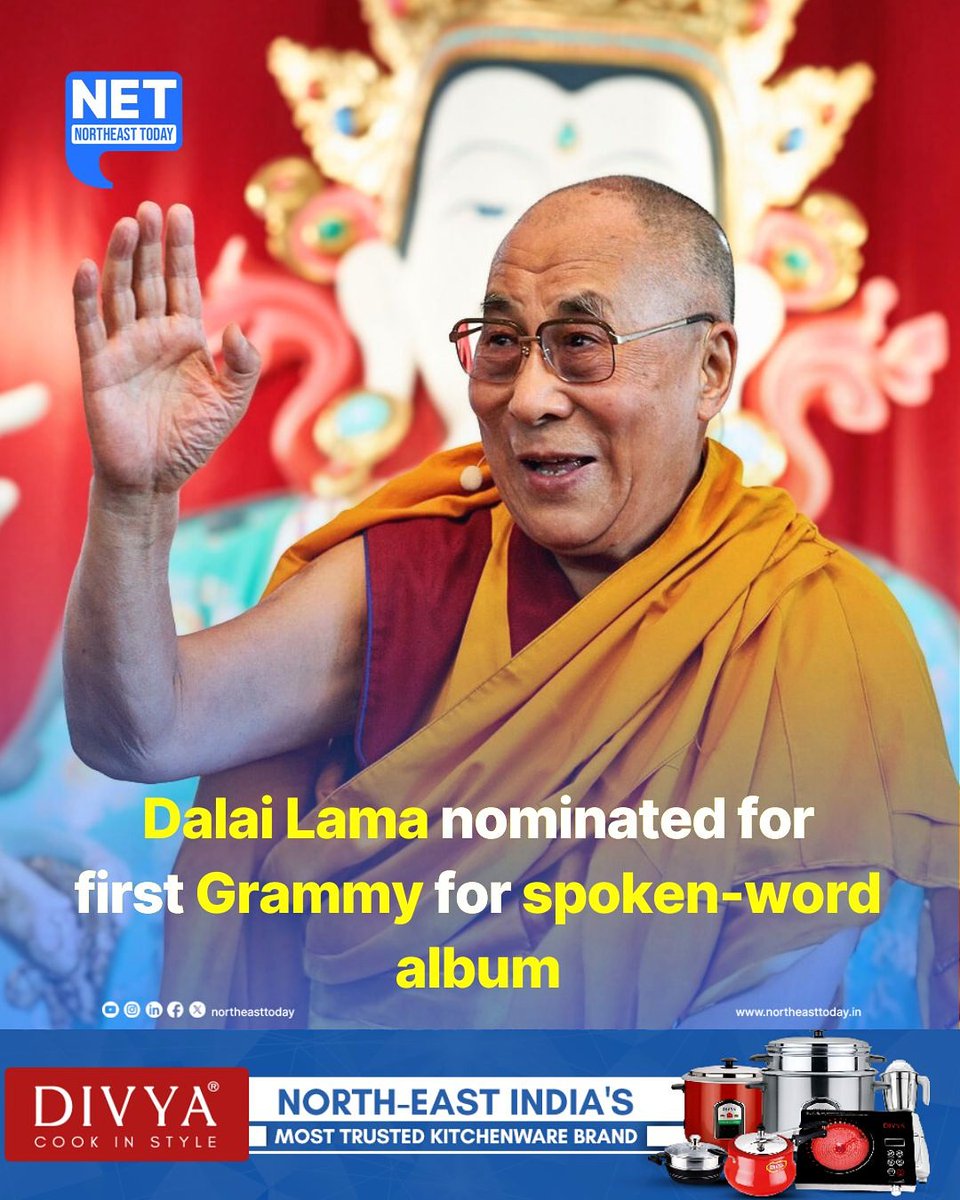 NortheastToday's tweet image. #NetSnippet | The 14th Dalai Lama, Tibetan spiritual leader, has been nominated for his first Grammy Award in the Best Audio Book, Narration &amp;amp; Storytelling Recording category at the 68th Annual Grammy Awards, scheduled for 1 February 2026 in Los Angeles.

The nomination is for…
