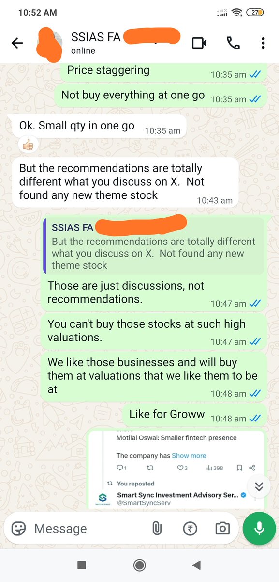 SmartSyncServ's tweet image. Dear Investors, 

Our social media discussions are often mistaken for investment advice. As SEBI-registered RIAs, we reiterate, these are not recommendations. 

We may admire certain businesses, but their valuations remain beyond our buying zone. 

Forewarned is Forearmed.