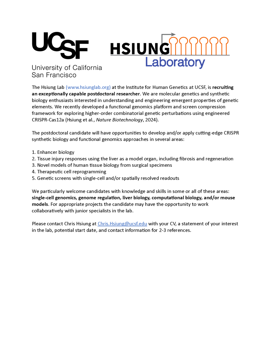 My lab is recruiting postdoc candidates interested in CRISPR synthetic biology and functional genomics approaches to study and engineer tissue injury responses! hsiunglab.org
