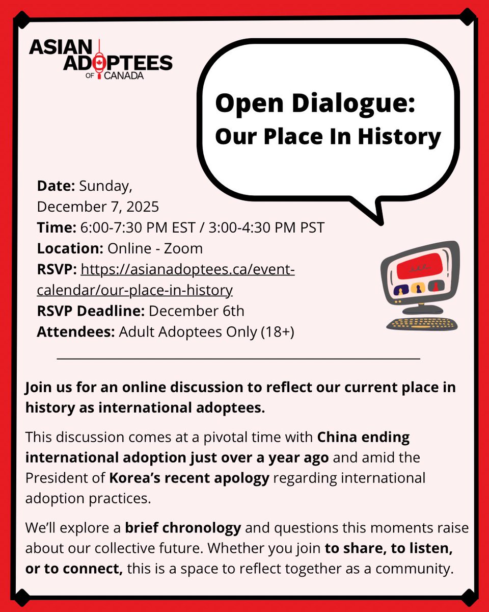 Join us on Sunday, December 7th from 6:00-7:30 PM EST for an online discussion to reflect on our current place in history as international adoptees. 

For more information or to RSVP, please visit our event page at the following link: asianadoptees.ca/event-calendar…