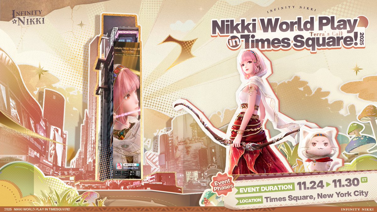 InfinityNikkiEN's tweet image. #NikkiWorldPlay Our first stop—the iconic Times Square billboard!✨ Catch Nikki lighting up NYC with her dazzling 2.0 outfits!

📌Location:
Times Square, New York City
📌Schedule: November 24 – 30 (local time)

🎁 Can&apos;t make it to Times Square?
Follow @InfinityNikkiEN and quote…