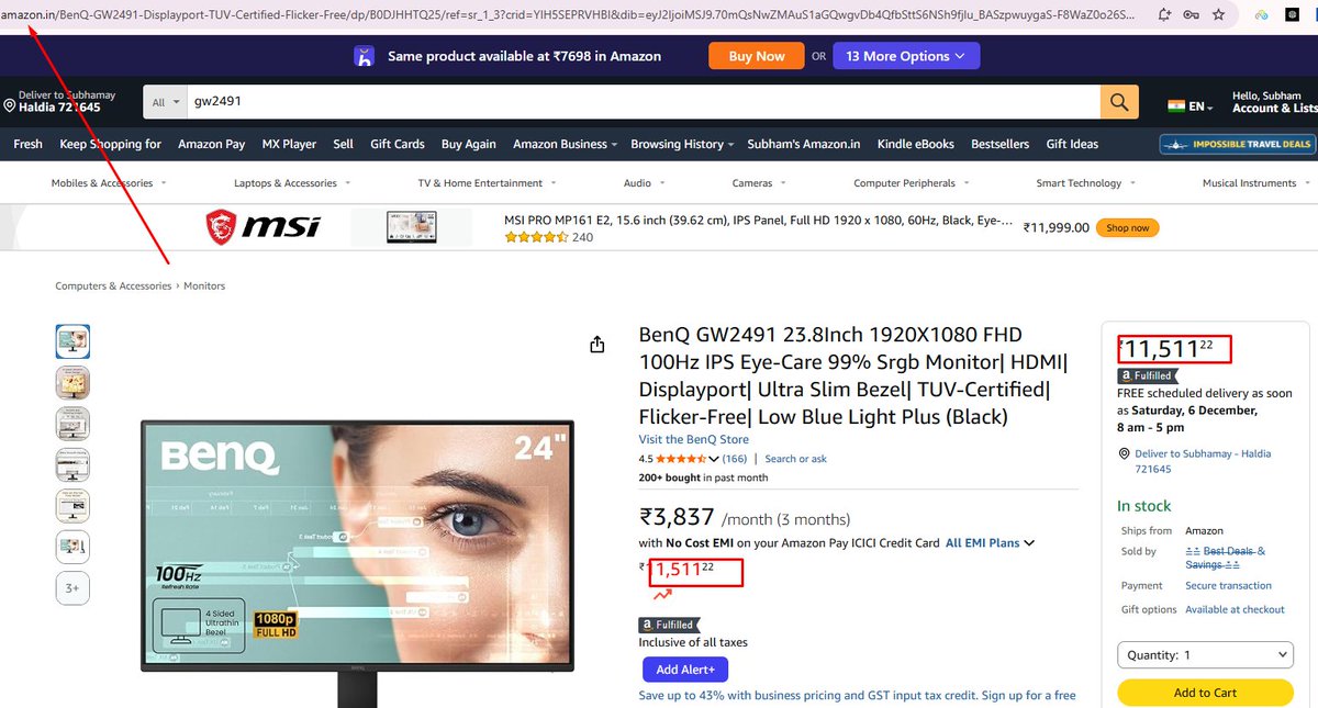 subham2010's tweet photo. @amazonIN @BenQIndia 

If the manufacturer’s MRP is ₹11,000, then on what basis is Amazon India listing the product above the MRP? This cannot be dismissed as a technical glitch. It is a deliberate act of manipulation and a clear attempt to deceive customers. https://t.co/8l5cdVlZIy