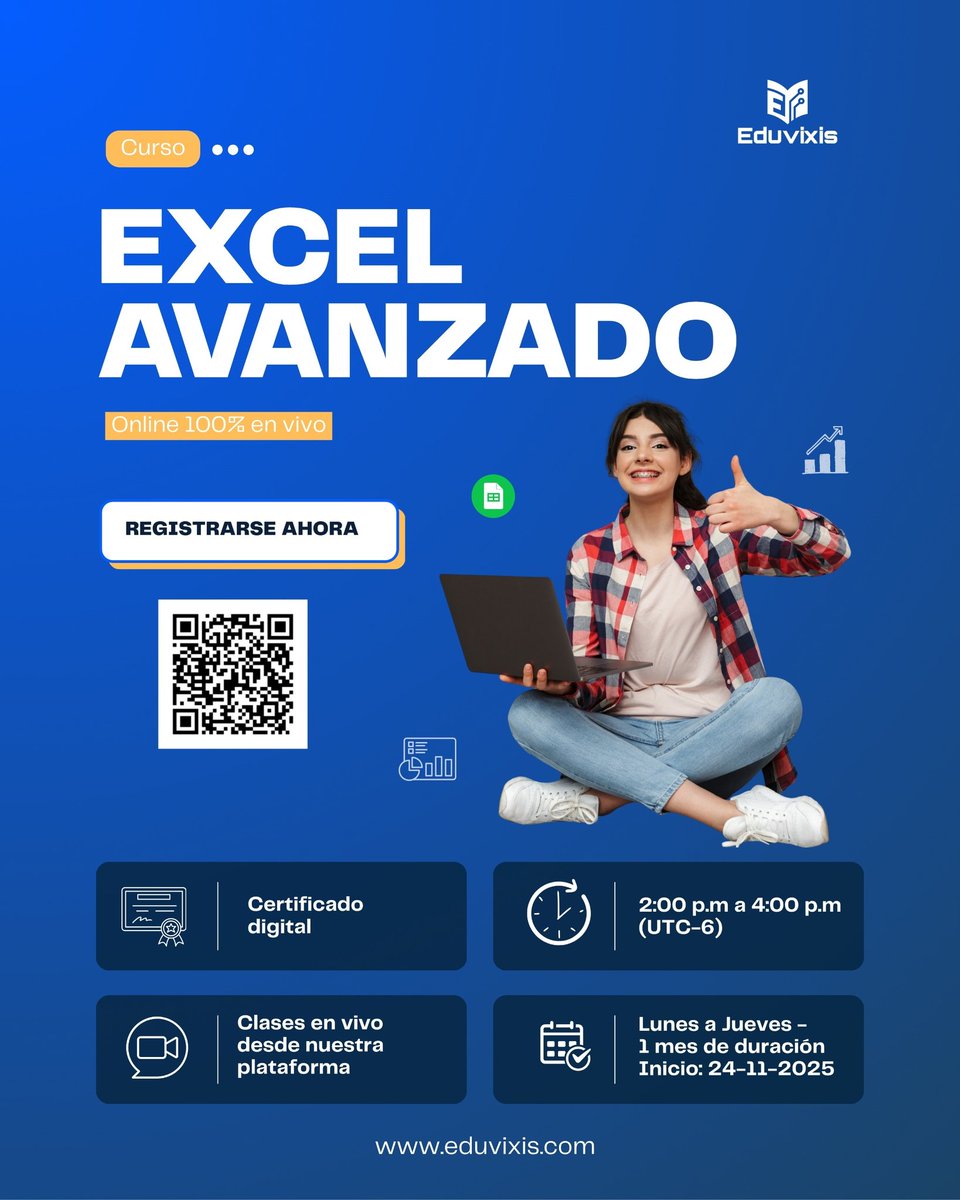 Eduvixis_'s tweet photo. Curso de Excel Avanzado

El mercado laboral está cambiando, hoy, las empresas exigen expertos en Excel, profesionales capaces de analizar datos, crear dashboards, automatizar procesos y tomar decisiones basadas en información real. Si quieres crecer, destacar y obtener mejores oportunidades, este es el camino.
En Eduvixis te ofrecemos una experiencia diseñada para aprender de verdad:

🎓 Clases 100% en vivo.
🔁 Clases asincrónicas para que no te pierdas ningún contenido.
💻 Conexión directa desde nuestra plataforma.
⚡ Método práctico: lo que aprendes, lo aplicas desde el primer día.

¡No es solo un curso! es una ventaja competitiva para tu futuro profesional.

📅 Iniciamos el 24 de Noviembre.
⚠️ Cupos limitados, apúrate.

👉 Regístrate ahora y conviértete en un experto en Excel.

https://t.co/TDMmuawtwm

Eduvixis — We ignite minds. We transform lives.

#Education #OnlineLearning #X