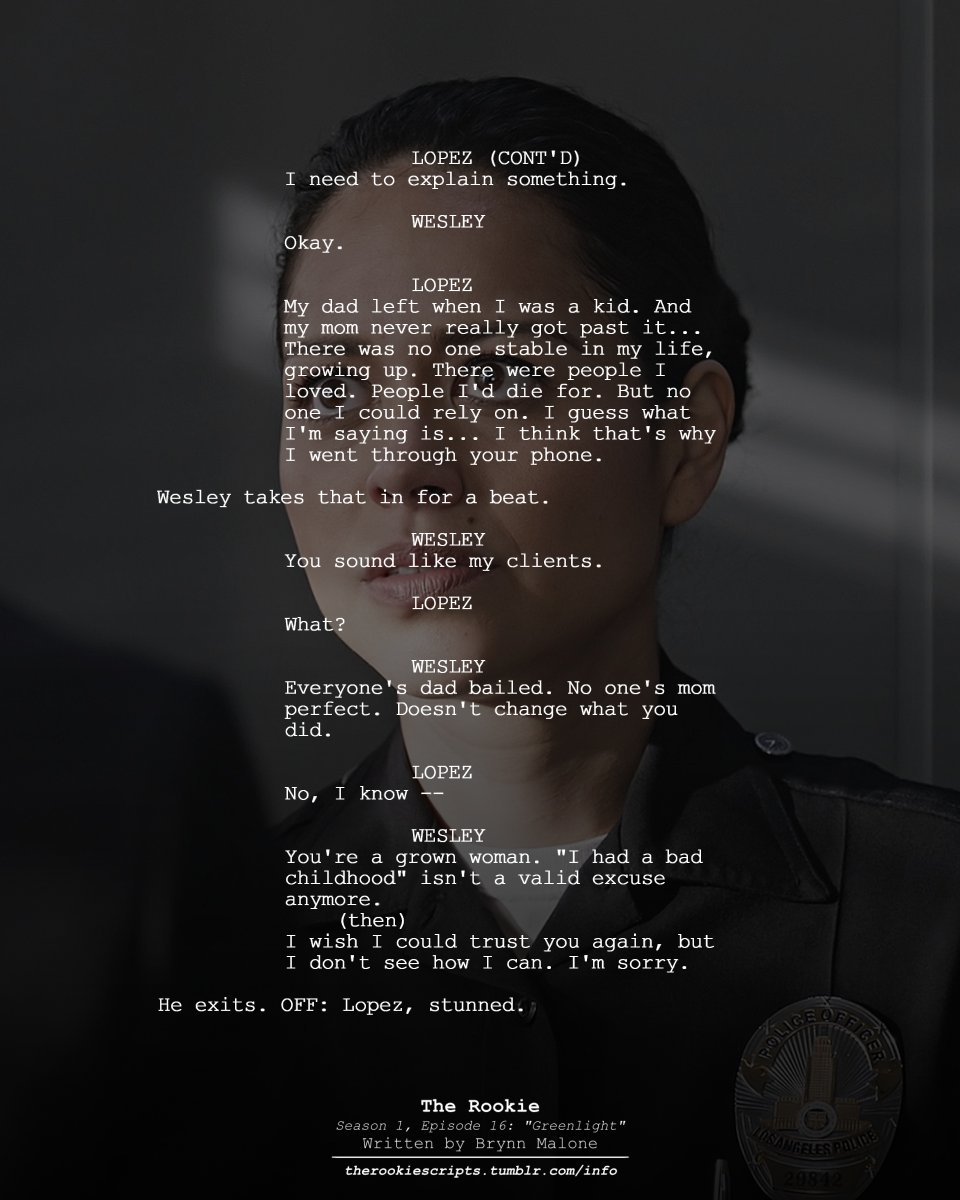 rookie_scripts's tweet image. Angela tells Wesley about her past. (Extended Dialogue)

— THE ROOKIE
Season 1, Episode 16: “Greenlight”
Written by Brynn Malone

#TheRookie #TheRookieScripts