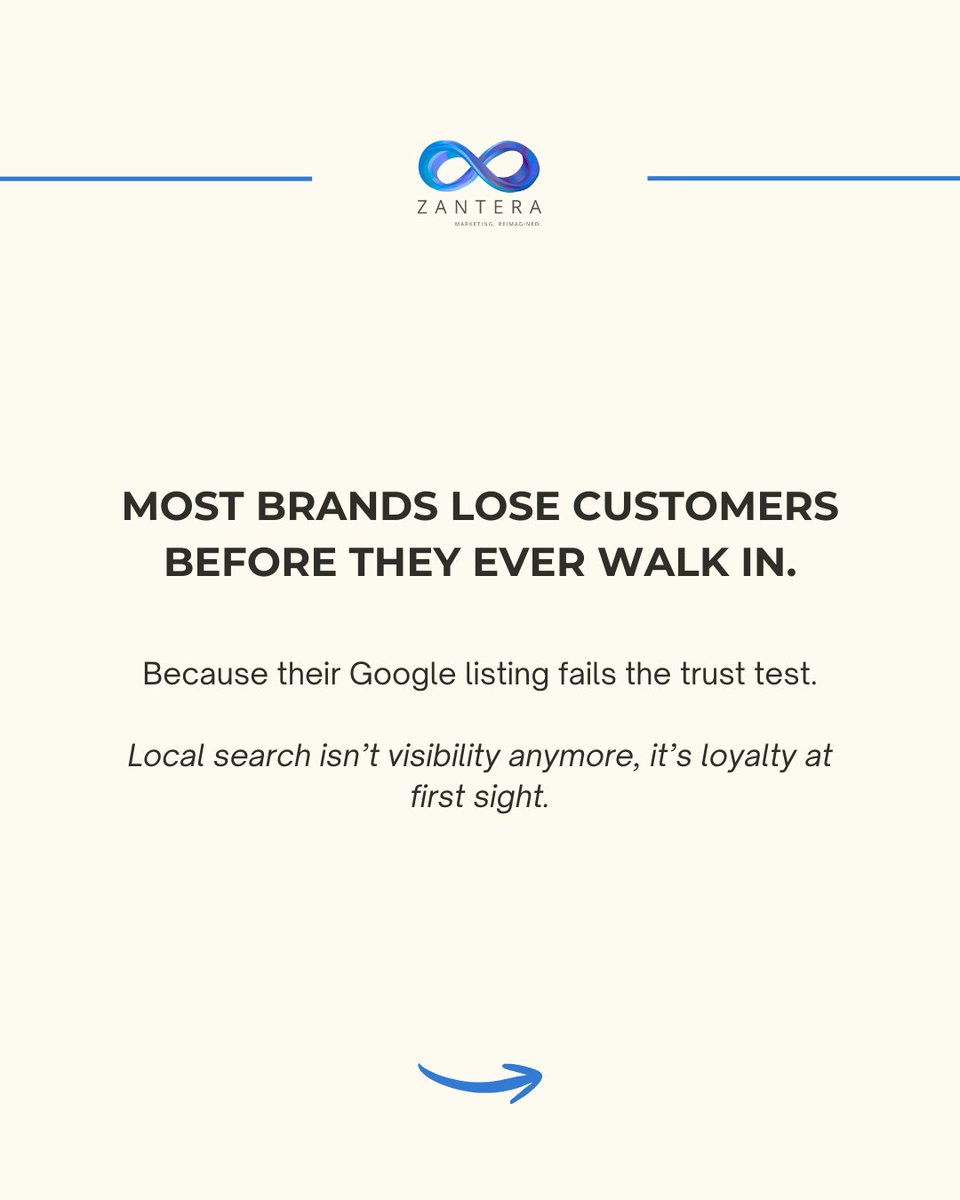 ZanteraGo's tweet image. Customers decide before they ever walk in.

🧠 Local search isn’t SEO maintenance anymore.
It’s customer experience.

Visit us at: zantera.io

#LocalSearch #CustomerExperience #Zantera #LocalSEO #BrandTrust #DigitalGrowth #MarketingInsights #GrowWithZantera