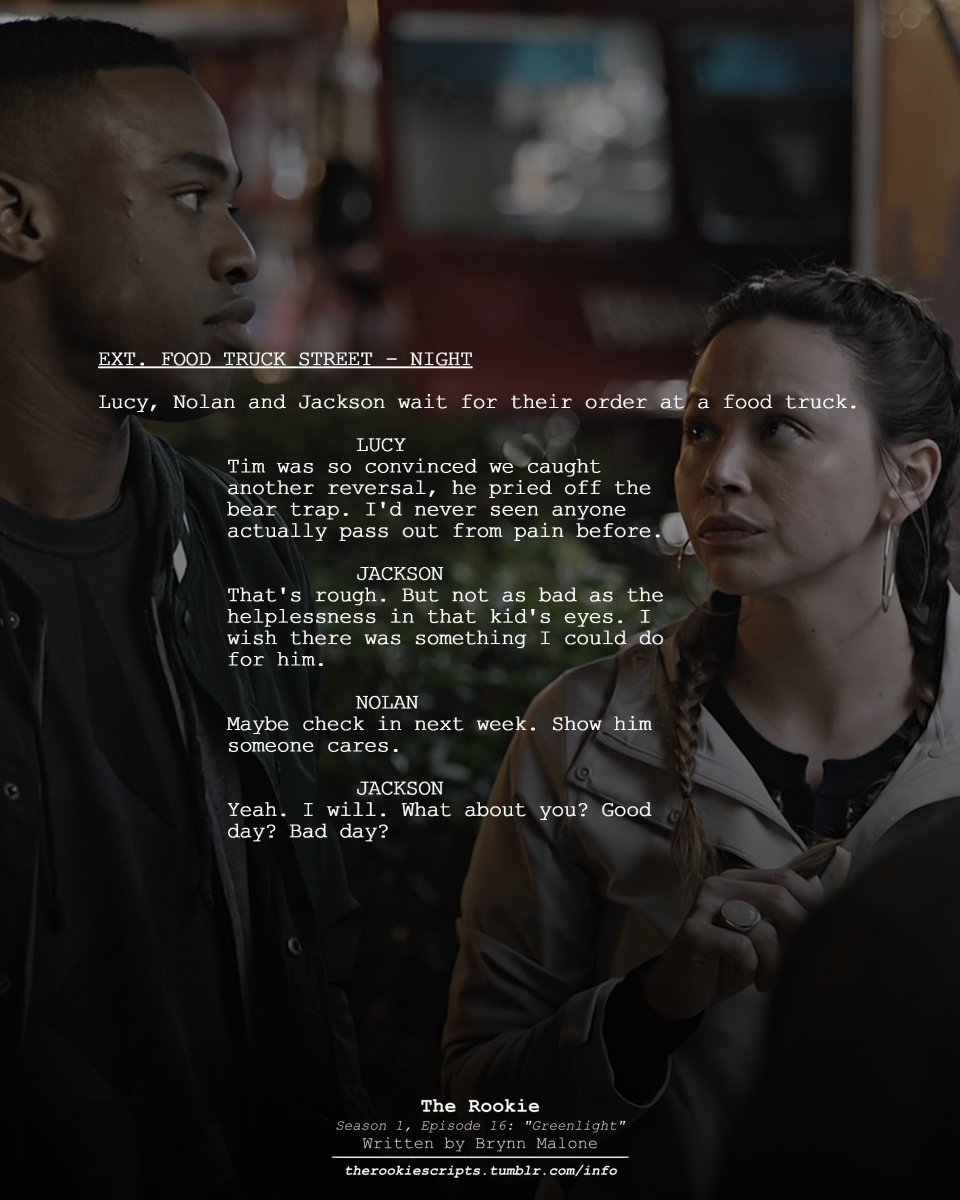 rookie_scripts's tweet image. The rookies talk about their day. (Extended Dialogue)

— THE ROOKIE
Season 1, Episode 16: “Greenlight”
Written by Brynn Malone

#TheRookie #TheRookieScripts