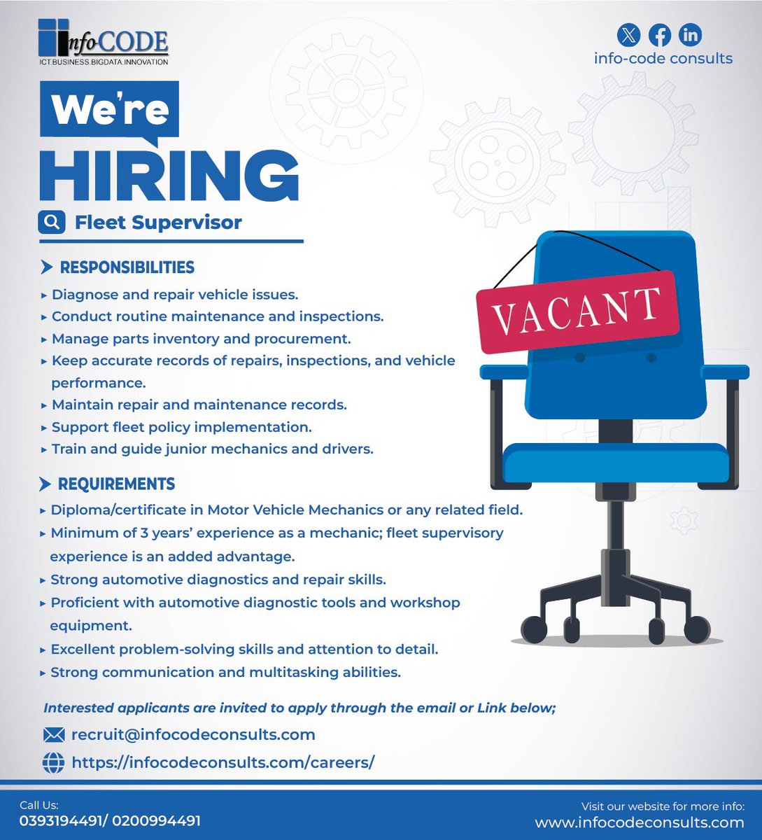 ConsultsCode's tweet image. 🚨 We’re Hiring: Fleet Supervisor!

Looking for an experienced Motor Vehicle Mechanic with strong fleet supervision skills to join our team.

📩 Apply: recruit@infocodeconsults.com
📞 0393194491 / 0200994491

#JobsUganda #Hiring #FleetSupervisor #MechanicJobs