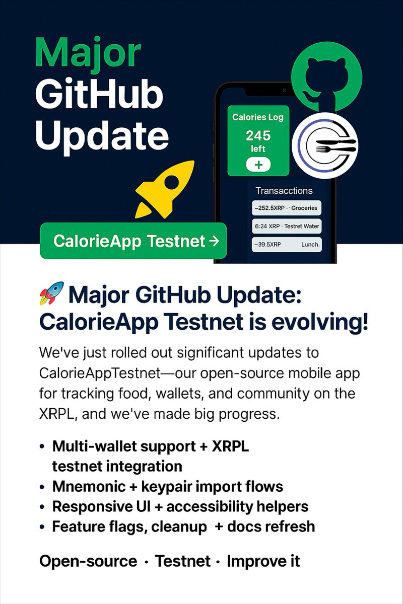 CalorieToken's tweet image. 🚀 Development journey (testnet):
✨ Multi-wallet support + XRPL testnet integration
🔐 Mnemonic + keypair import flows
🎨 Responsive UI + accessibility helpers
🛠️ Feature flags, cleanup, docs refresh
Open-source; WIP.
github.com/CalorieToken/C…
#Testnet #XRPL #OpenSource
