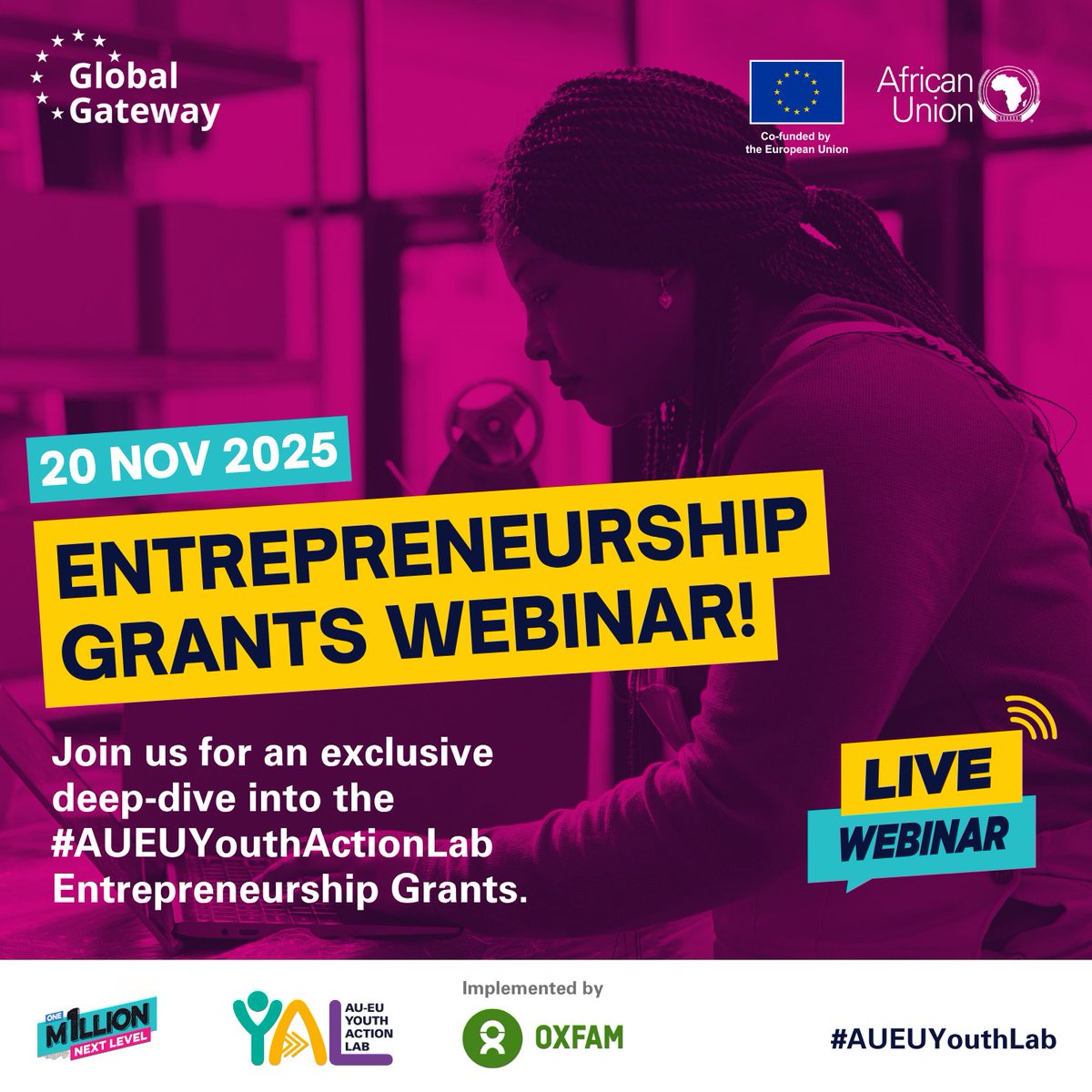📢 AUEU Youth Action Lab—Entrepreneurship Grants Webinar!

Working to strengthen economic opportunities for young people? This is your moment. Join us Thursday, 20 November, 2025, for an exclusive deep dive into the #AUEUYouthActionLab Entrepreneurship Grants.
We’ll walk you
