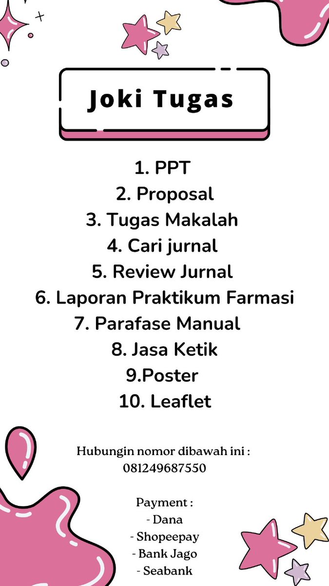 va_vaa__'s tweet photo. OPEN NOW Vaa Store ✨

Di sini kamu bisa order:
• Joki Tugas — PPT, Makalah, Laprak, Poster, Leaflet, dll
• Edit Foto — Ganti background, ubah ukuran, template foto, dll

Tanya? 
Chat https://t.co/R0FFpDX1qX

#Joki #jokitugas #EditFoto #fypageシ  #parafase #fyp #zonauang #viral https://t.co/YGhDWi2BRv