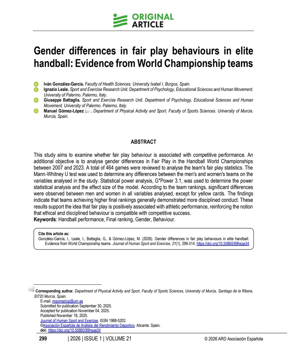 Fair Play y Rendimiento en #Balonmano 
Existen diferencias en las conductas de fair play por sexo. Los mejor clasificados destacan por una mayor disciplina competitiva. Aporte clave para comprender cómo el juego limpio y la regulación emocional influyen en el rendimiento.