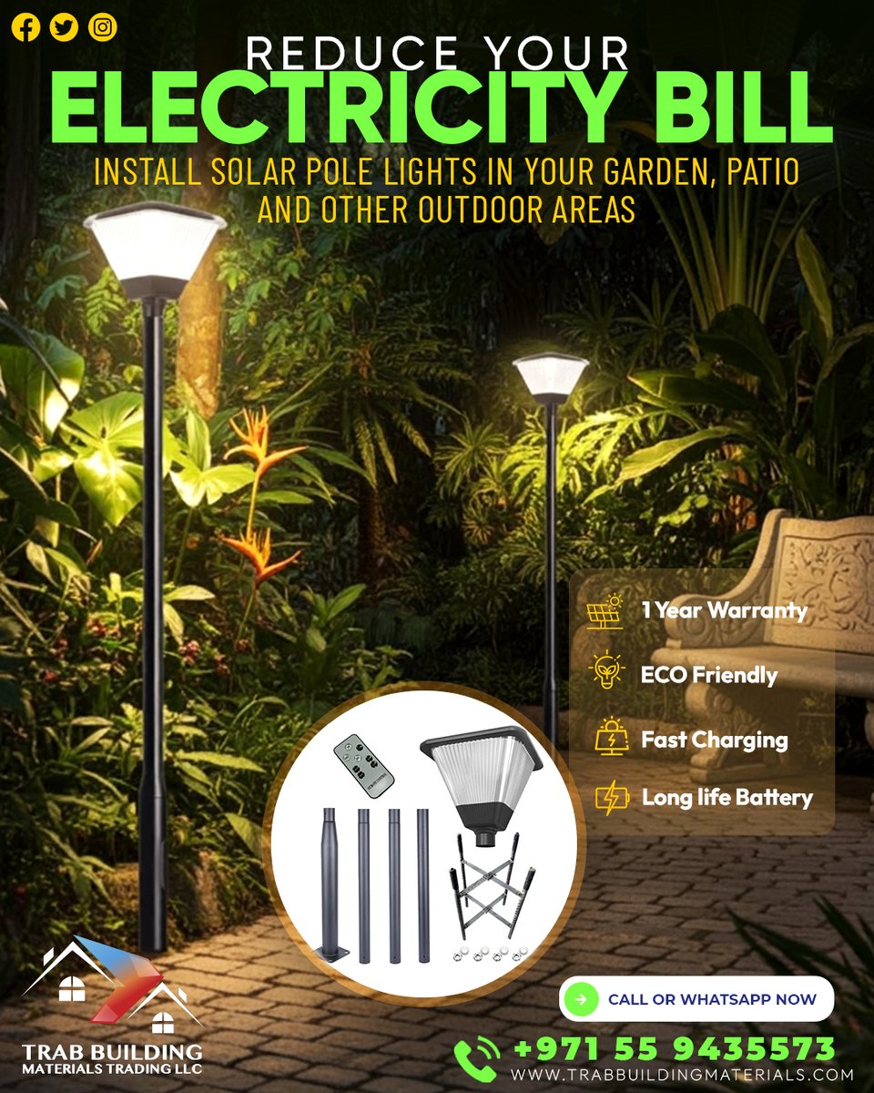 TrabLlc's tweet photo. 𝐎𝐮𝐭𝐝𝐨𝐨𝐫 𝐒𝐨𝐥𝐚𝐫 𝐋𝐢𝐠𝐡𝐭𝐬 𝐢𝐧 𝐃𝐮𝐛𝐚𝐢 - Special Offer!!!

Reduce your Electricity Bill! Install Solar Pole Lights in your Garden, Patio and other outdoor areas.

📲 𝘖𝘳𝘥𝘦𝘳 𝘕𝘰𝘸: +971 55 9435573
🌏 https://t.co/tuMyDTdLhc

#tbmt #solarlights #solarlights☀️ https://t.co/t8M6ZC8QBp
