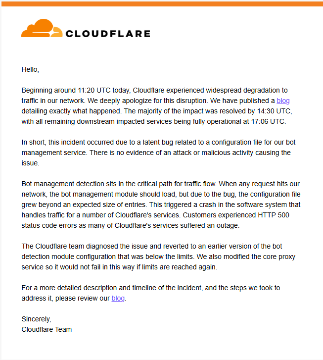 H4ckmanac's tweet image. ‼️Cloudflare Outage: The Company Explains What Happened

Cloudflare communicates that it experienced a widespread service degradation starting at 11:20 UTC. The issue was resolved for most services by 14:30 UTC and fully fixed by 17:06 UTC. 

The incident was not caused by an…