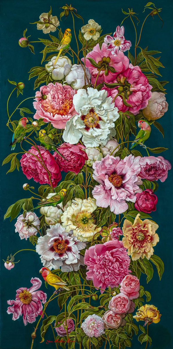 ivanik_oksana's tweet image. Oil painting by  Yana Movchan 
Birds and Flowers, 30”x60”