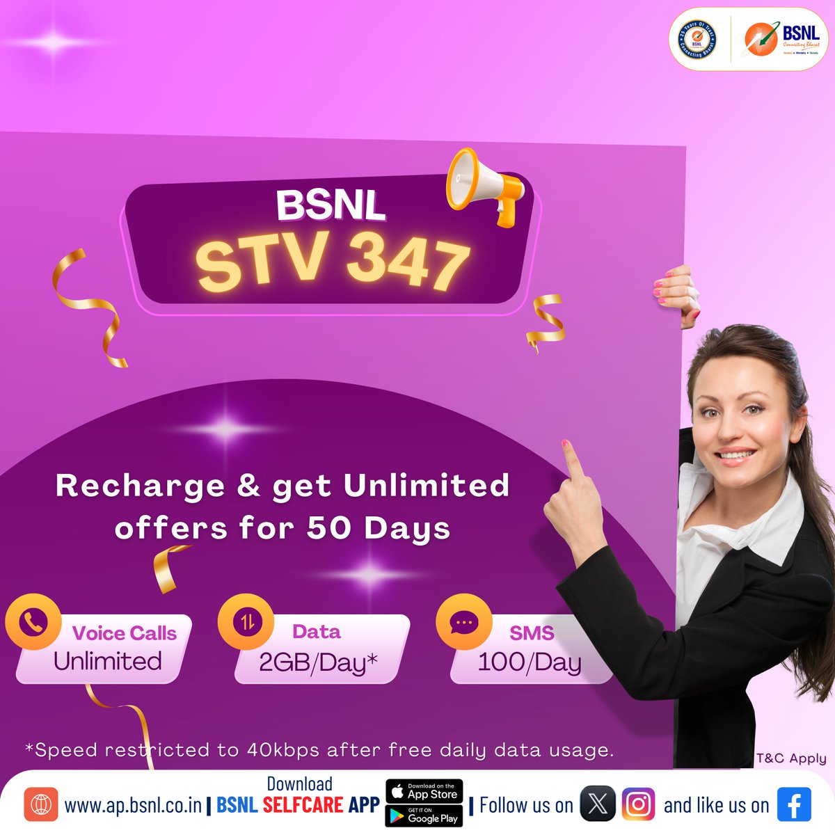 bsnl_ap_circle's tweet image. High speed data and Unlimited Calls for 50 Days – Recharge to BSNL ₹347 Plan!

Enjoy Unlimited Calls, 2GB/Day (Unlimited) Data and 100 SMS/Day.

bsnl.co.in/mobile/recharge

#BSNL #BSNLprepaidplan #ConnectingBharat #BSNLAP #STV347