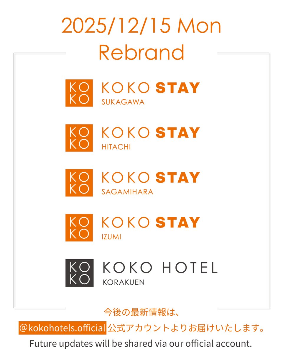 ✨本日リブランド✨Part5!!
2025年12月15日（月）、下記5店舗が新たにスタートしました！
【KOKO HOTEL】
後楽園
【KOKO STAY】
須賀川／日立／相模原／出水

各店舗のInstagramは終了し、今後の最新情報は
公式サイトまたは公式Instagramよりお届けいたします。