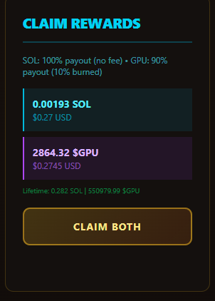 MiningGPU's tweet photo. CLAIMING:

SOL: 100% payout
$GPU: 10% burned

No SOL fees. GPU burns reduce supply every claim. https://t.co/Q9JoW1y6MW