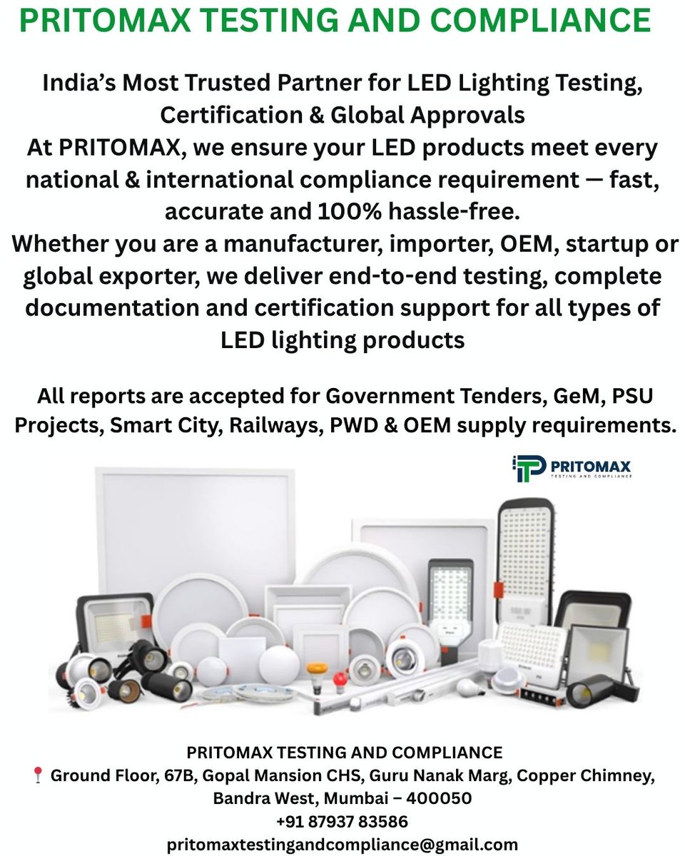 PritomaxAnd's tweet image. PRITOMAX TESTING &amp;amp; COMPLIANCE 
Fastest BIS, NABL, CE &amp;amp; RoHS Testing for all LED products!
NABL Lab • LM79/LM80 • EMC/EMI • IP/IK • Safety Tests
BIS Approval • CE Marking • RoHS • Export Compliance
📞 +91 87937 83586 | 🌐 pritomax.com
#Pritomax #LEDTesting #NABL