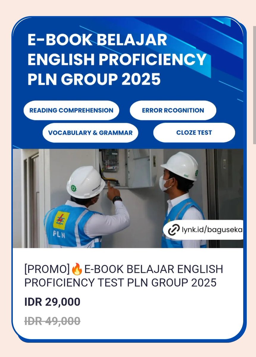 springchowon's tweet image. Siap tembus English Proficiency (AKDING) PLN Group 2025? ⚡📘
E-book lengkap berisi strategi, contoh soal, pembahasan, dan tips lulus!
Belajar lebih terarah, hasil jauh lebih maksimal!

🔥 Download sekarang: lynk.id/baguseka