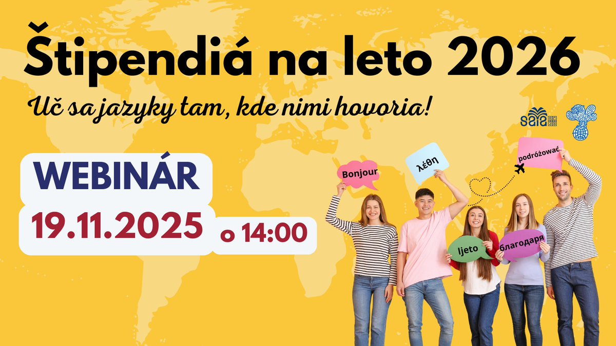 🤓 Uč sa jazyky tam, kde nimi hovoria!
❗Už DNES o 14:00: webinár o štipendiách na letné jazykové kurzy 2026.
Ako získať podporu na štúdium jazykov v zahraničí? Dozvieš sa naživo! 🌍
🔗 Link na pripojenie: lnk.sk/ahlmr