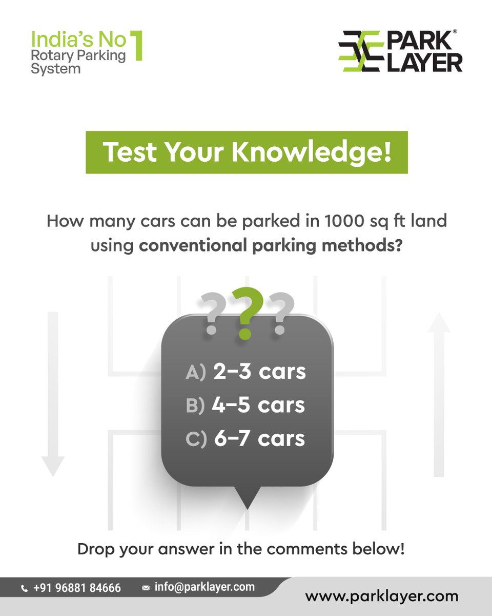 LayerPark41245's tweet image. Test your knowledge about conventional parking capacity, then discover how rotary technology revolutionizes the same space. Comment your answer below and let&apos;s discuss smart solutions!  

#ParkingQuiz #TestYourKnowledge #SmartParking #ParkingSolutions #UrbanParking #ParkLayer