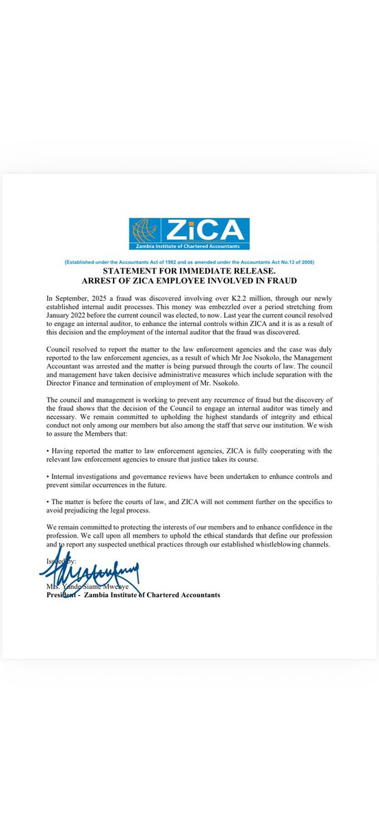 If an account can allegedly steal over K2.2 million (for 4 years) without detection from the mother of all accountants, what about your organization or company? 😀

The irony &amp; reputational damage to ZICA😌

ZICA is a watchdog for ethical accounting across Zambia’s public and